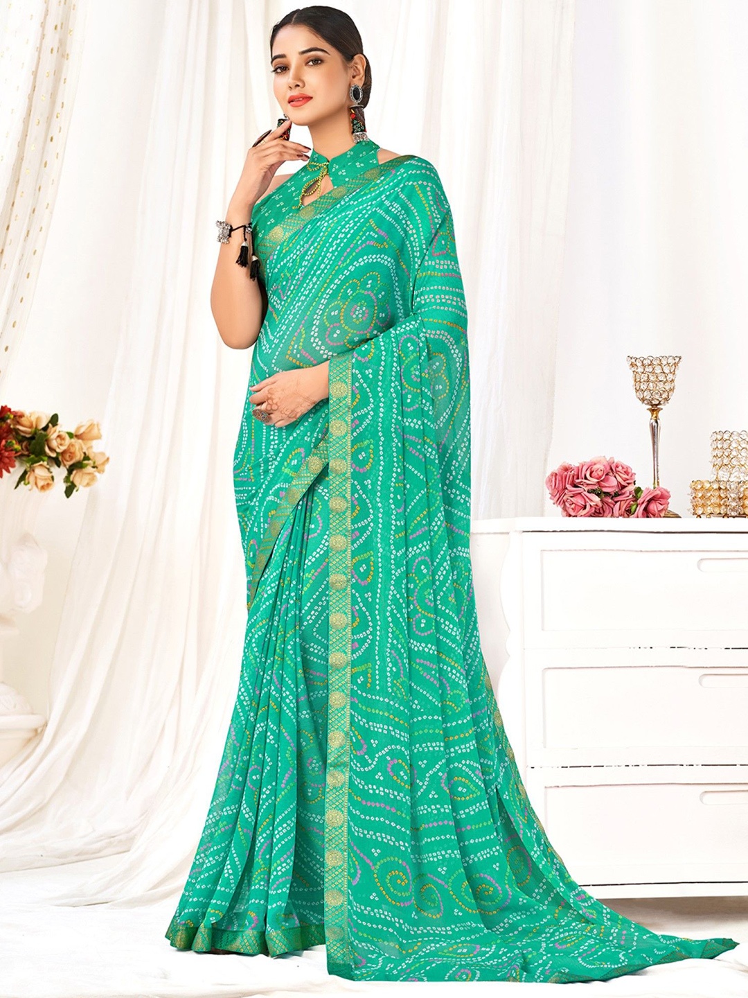 

LeeliPeeri Designer Bandhani Poly Chiffon Designer Saree, Blue