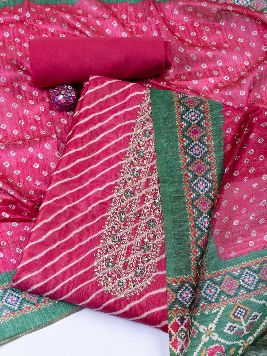

Meena Bazaar Printed Art Silk Unstitched Dress Material, Pink