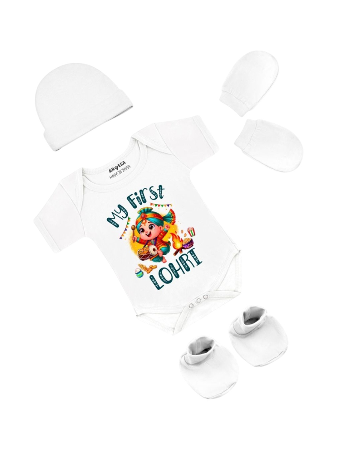 

Arvesa Infants My First Lohri Printed Bodysuit with Cap Booties Mitten, White