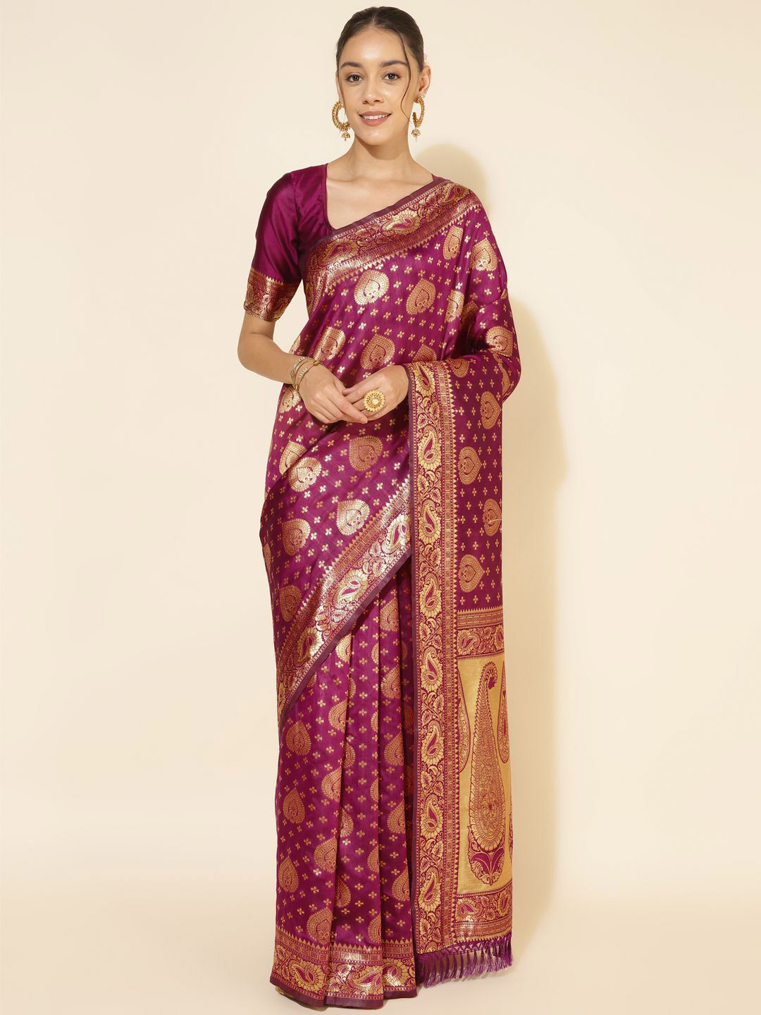 

Janasya Women Wine Banarasi Silk Woven Ethnic Motifs Saree with Unstitched Blouse Piece, Purple
