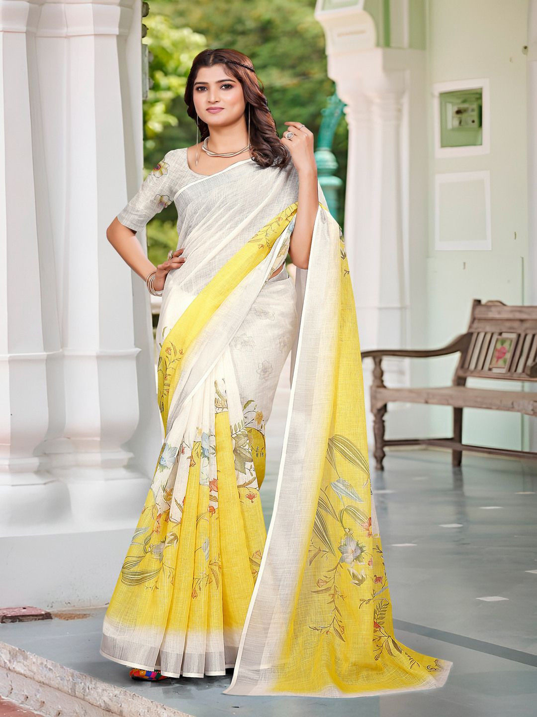 

TRENDING KART Floral Printed Zari Chanderi Saree, White