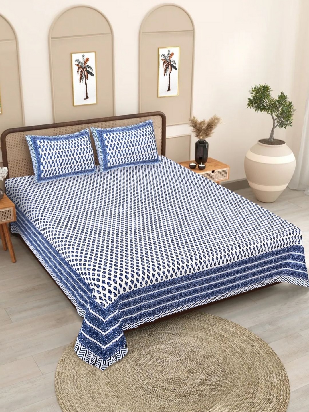 

Butea Crape Marina Bay Blue Floral 180 TC Cotton King Bedsheet Set 2.40 m x 2.15 m, White