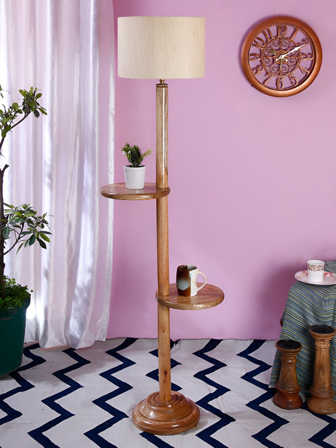 

Devansh Brown & Off White Textured Cotton Drum Wooden Shelf Floor Lamp