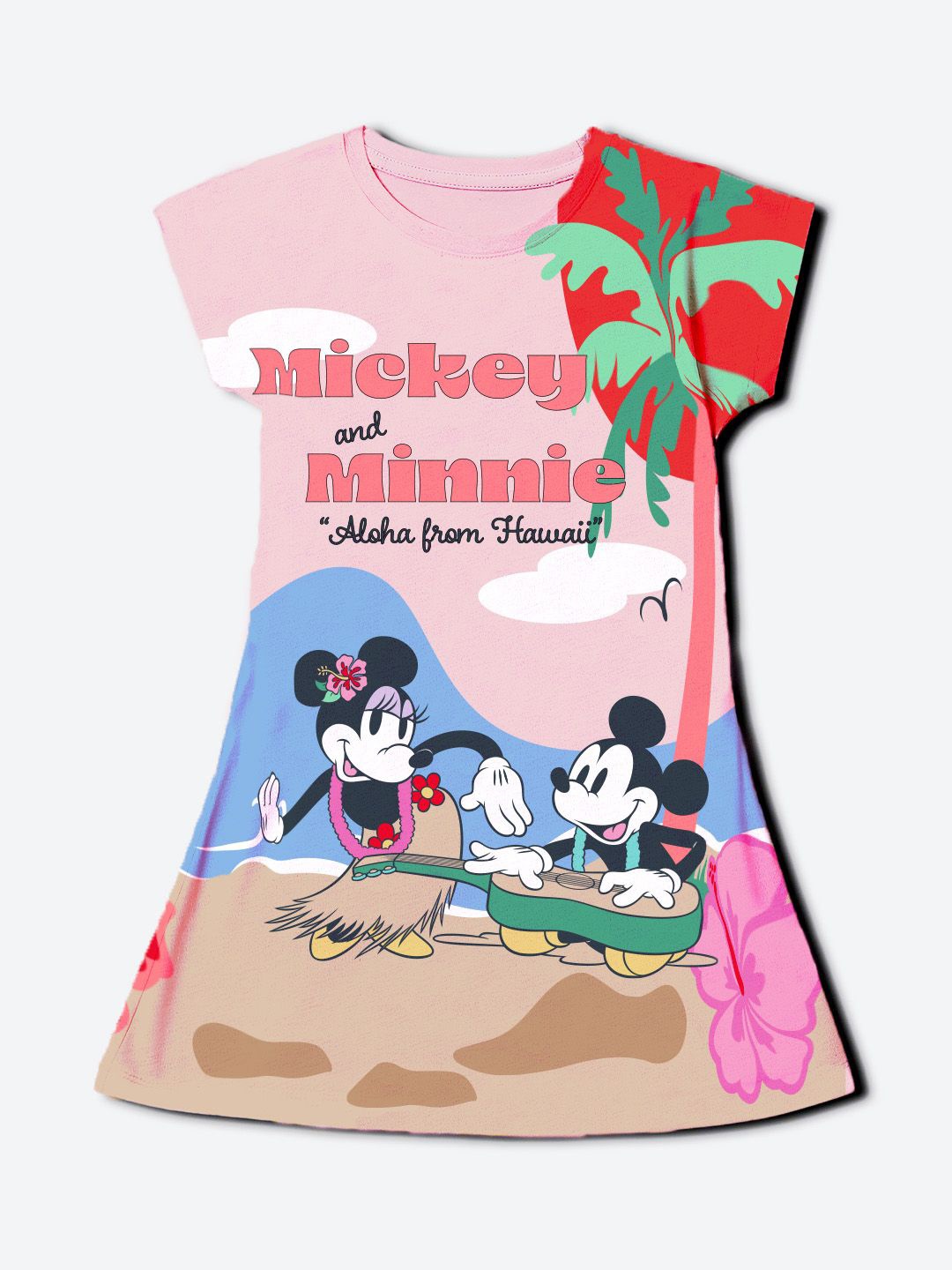 

Wear Your Mind Girl Mickey And Minnie Printed Cap Sleeves A-Line Dress, Pink