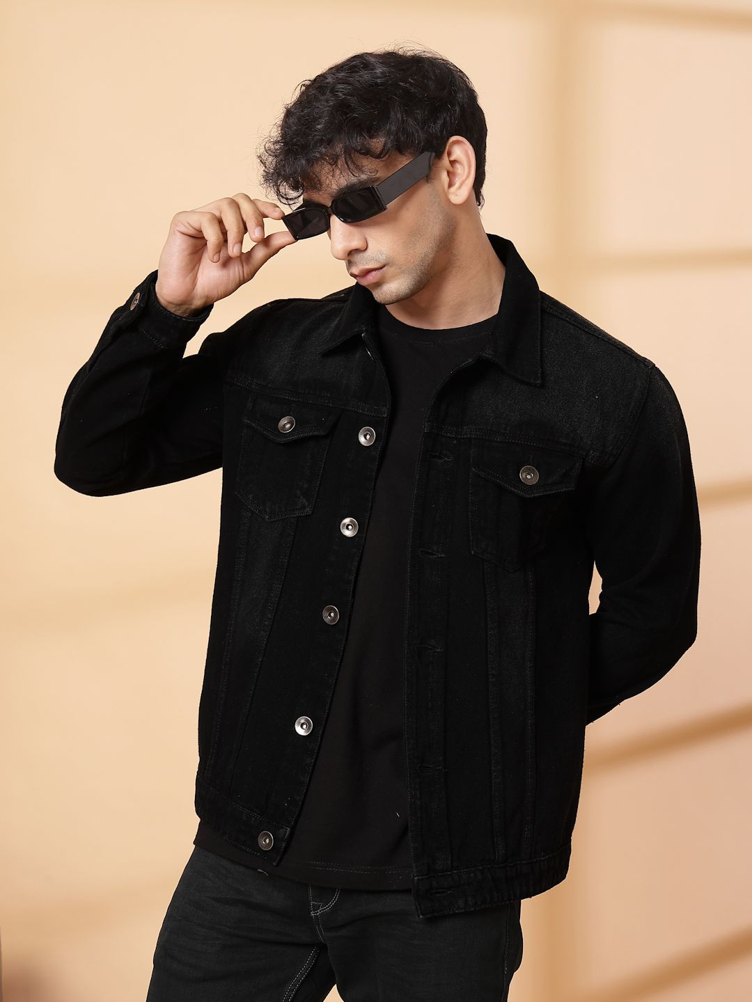 

Rigo Men Spread Collar Solid Casual Denim Jacket, Black
