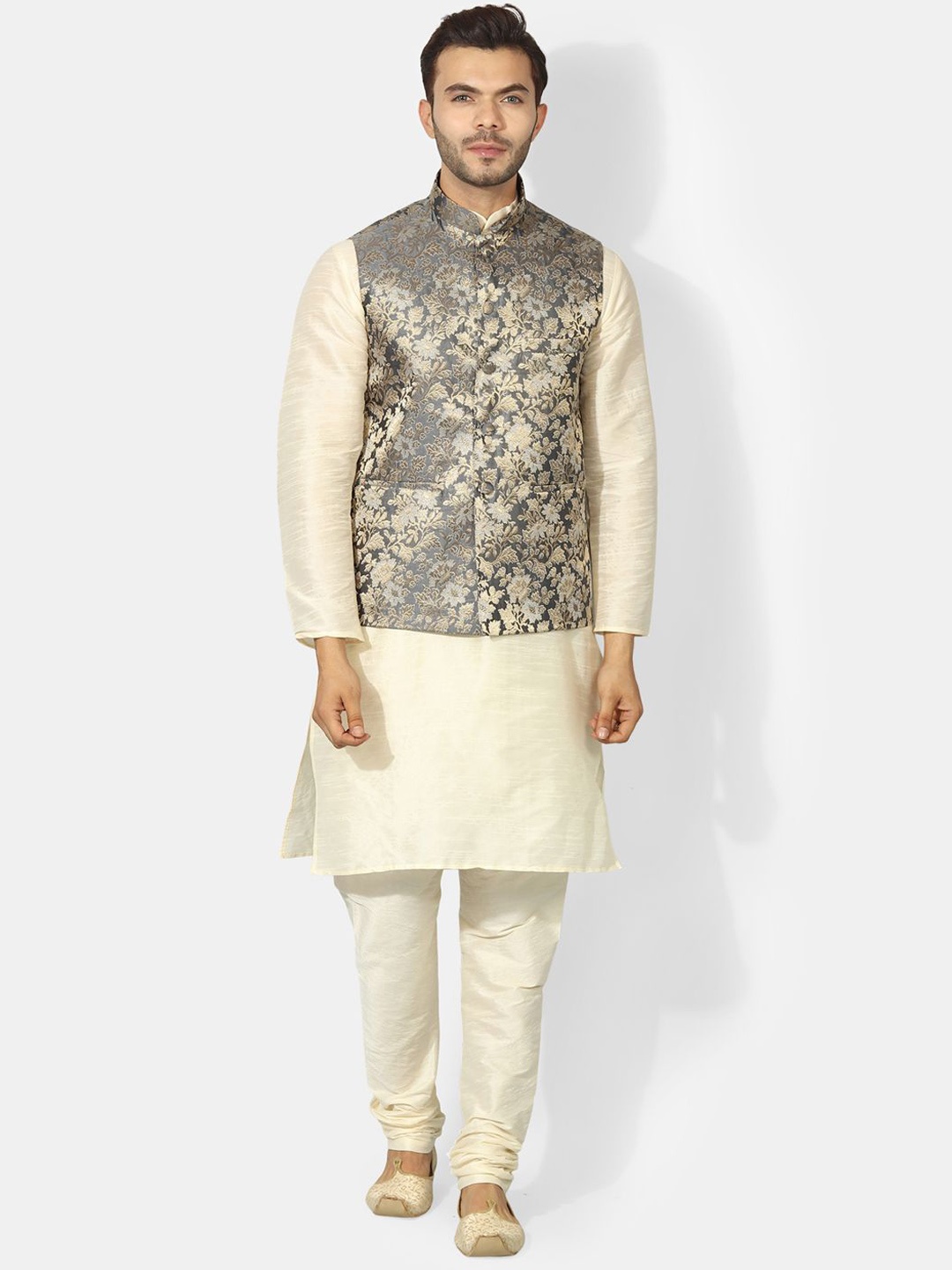 

Ethluxis Men Regular Dupion Silk Kurta with Churidar, Off white