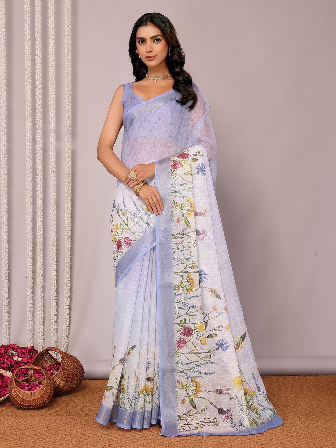 

Janasya Women Linen Blend Floral Printed Saree With Unstitched Blouse Piece, Lavender