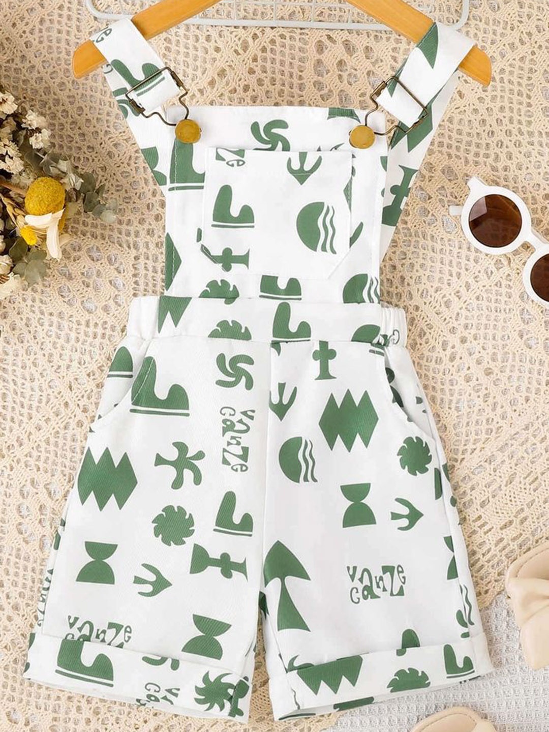 

LULU & SKY Girls Folded Hem Printed Dungaree, Green