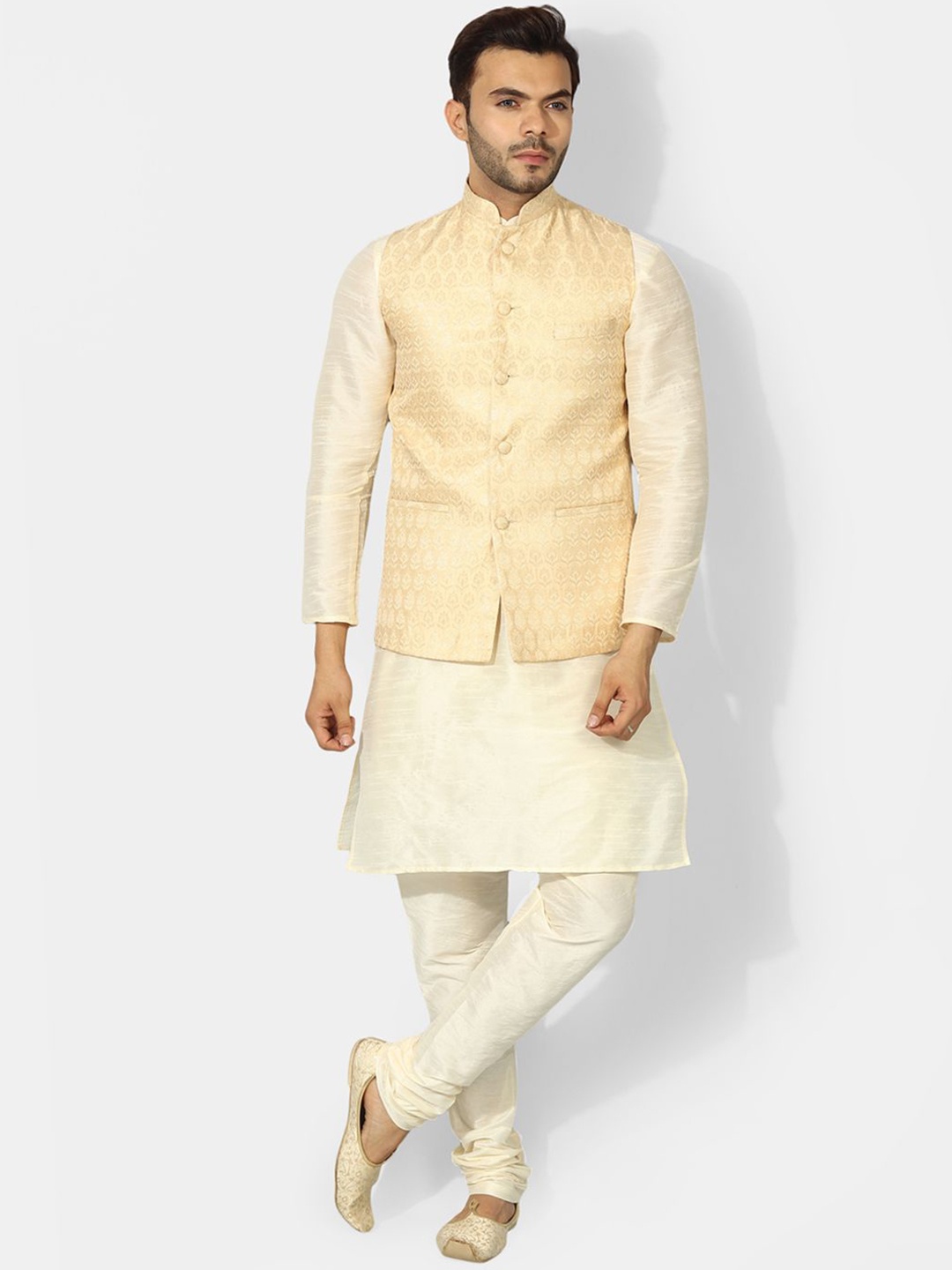 

Ethluxis Men Regular Dupion Silk Kurta with Churidar, Off white