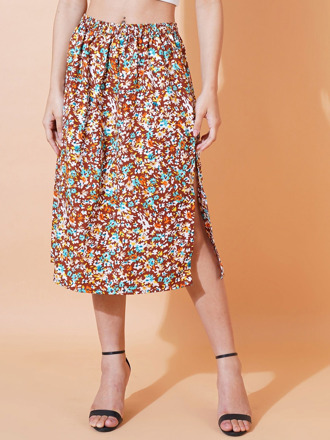 

FebQ Floral Printed A-Line Midi Skirt, Brown