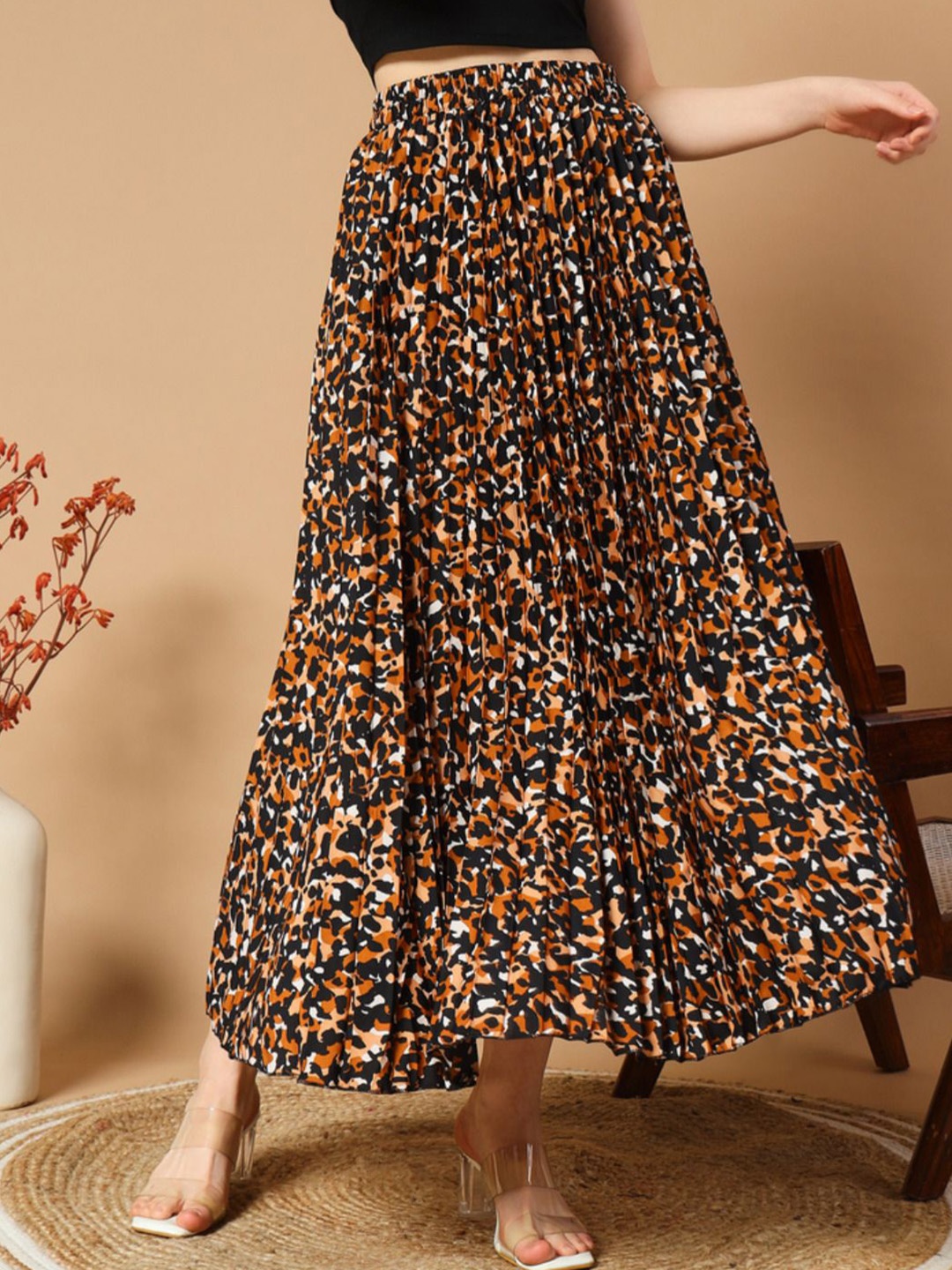 

OTABU Animal Printed Pleated A-Line Maxi Skirt, Black