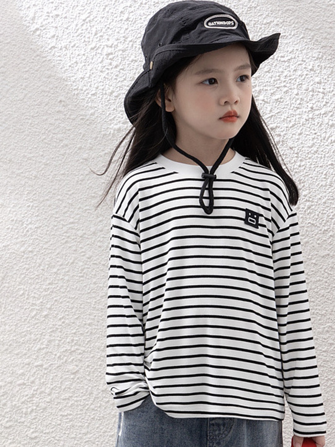 

LULU & SKY Girls Striped Mandarin Collar Monochrome Applique T-shirt, Multi