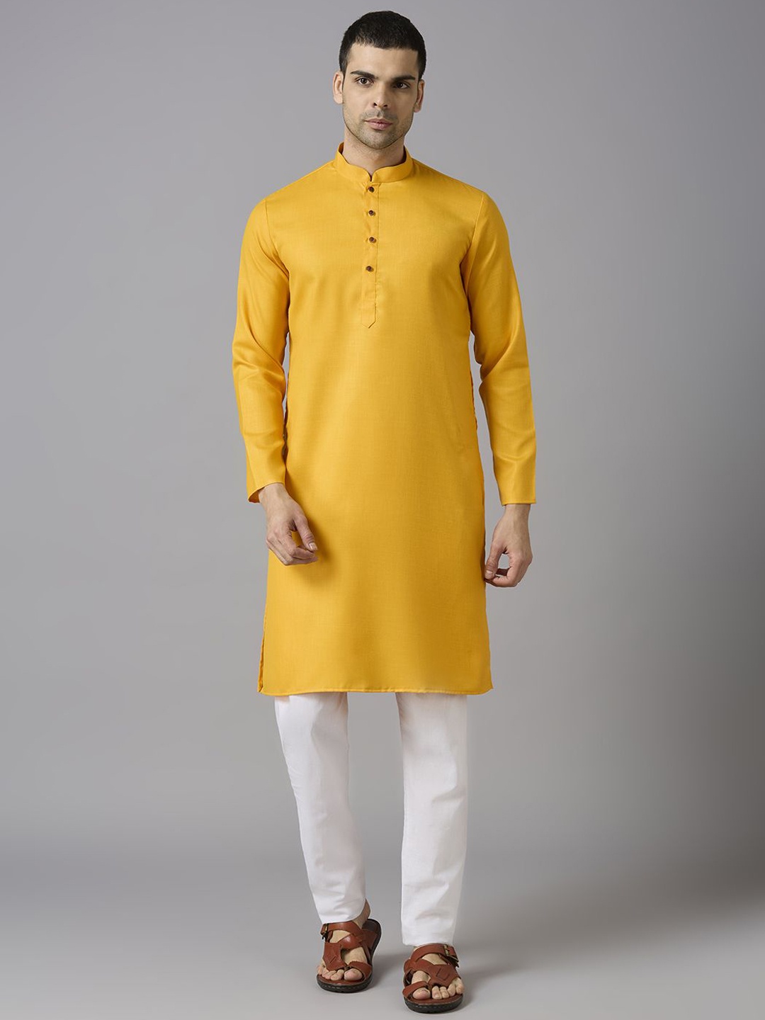 

John Philips Men Checked Thread Work Pathani Kurta, Yellow