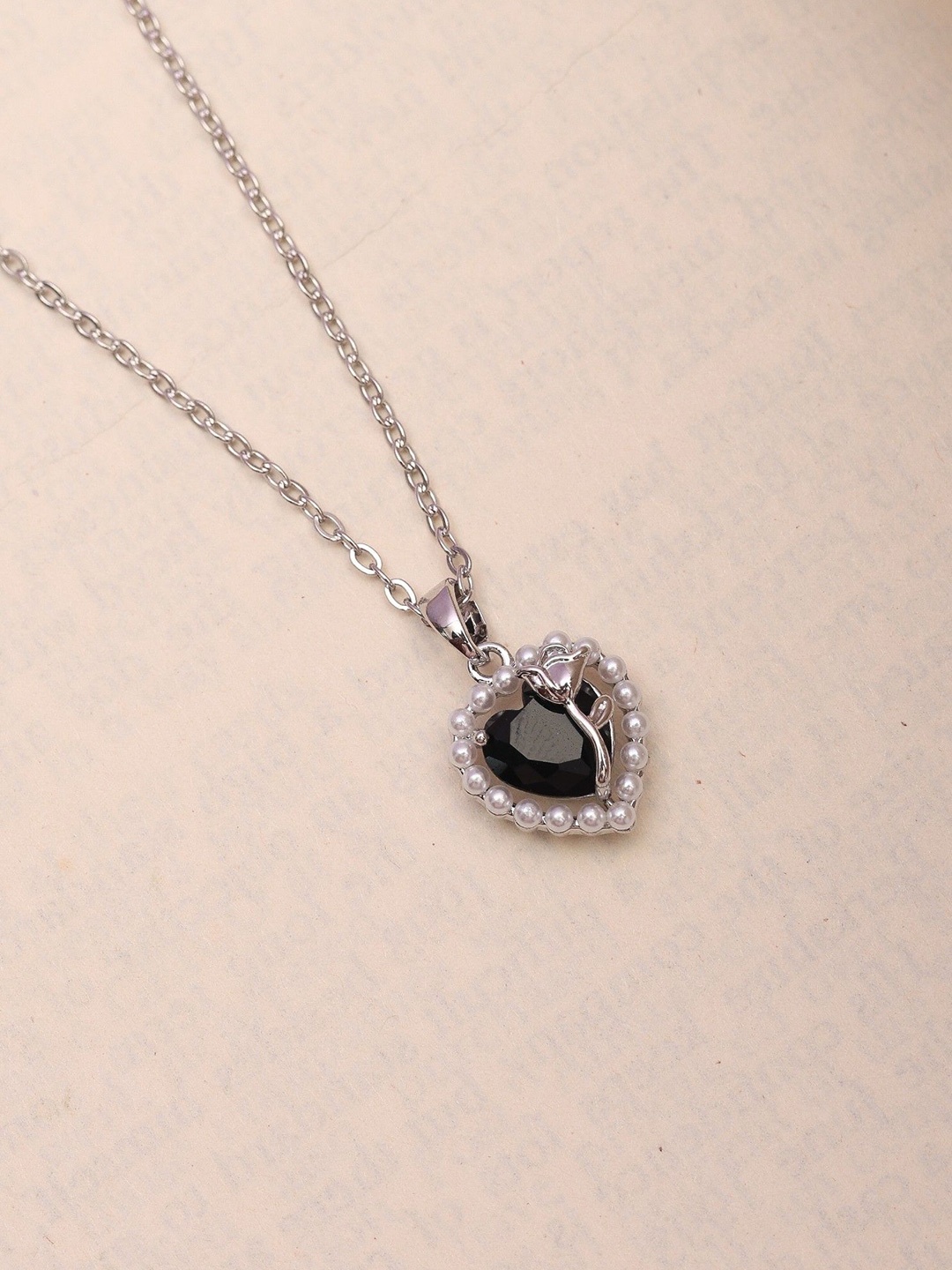 

Laviscart Rhodium-Plated Stainless Steel Stones Studded & Beaded Heart Pendants & Chains, Silver