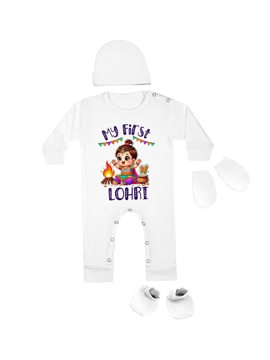 

Arvesa Infants My First Lohri Printed Bodysuit with Cap Booties Mitten, White