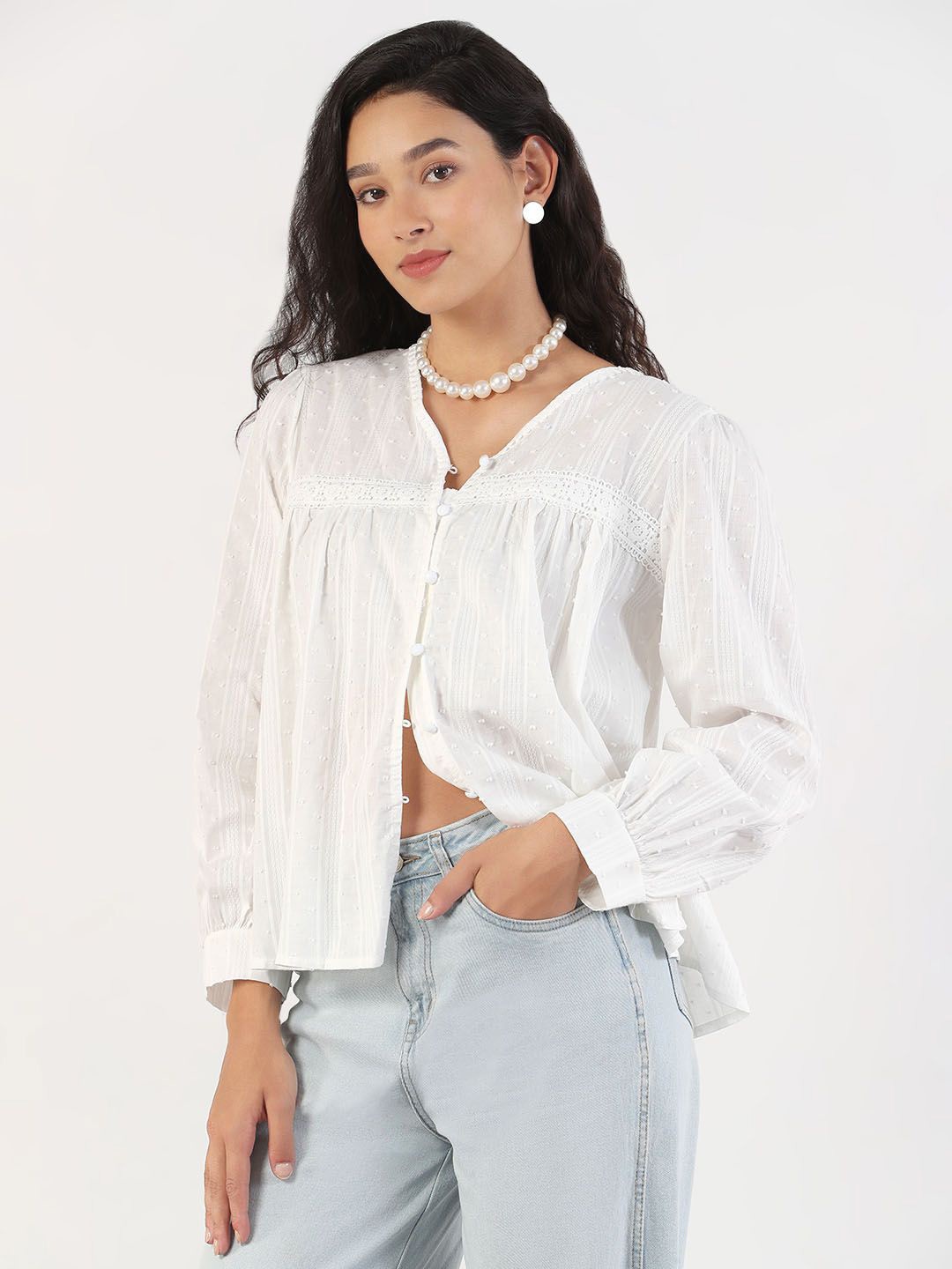 

SHOWOFF Puff Sleeve Shirt Style Top, White