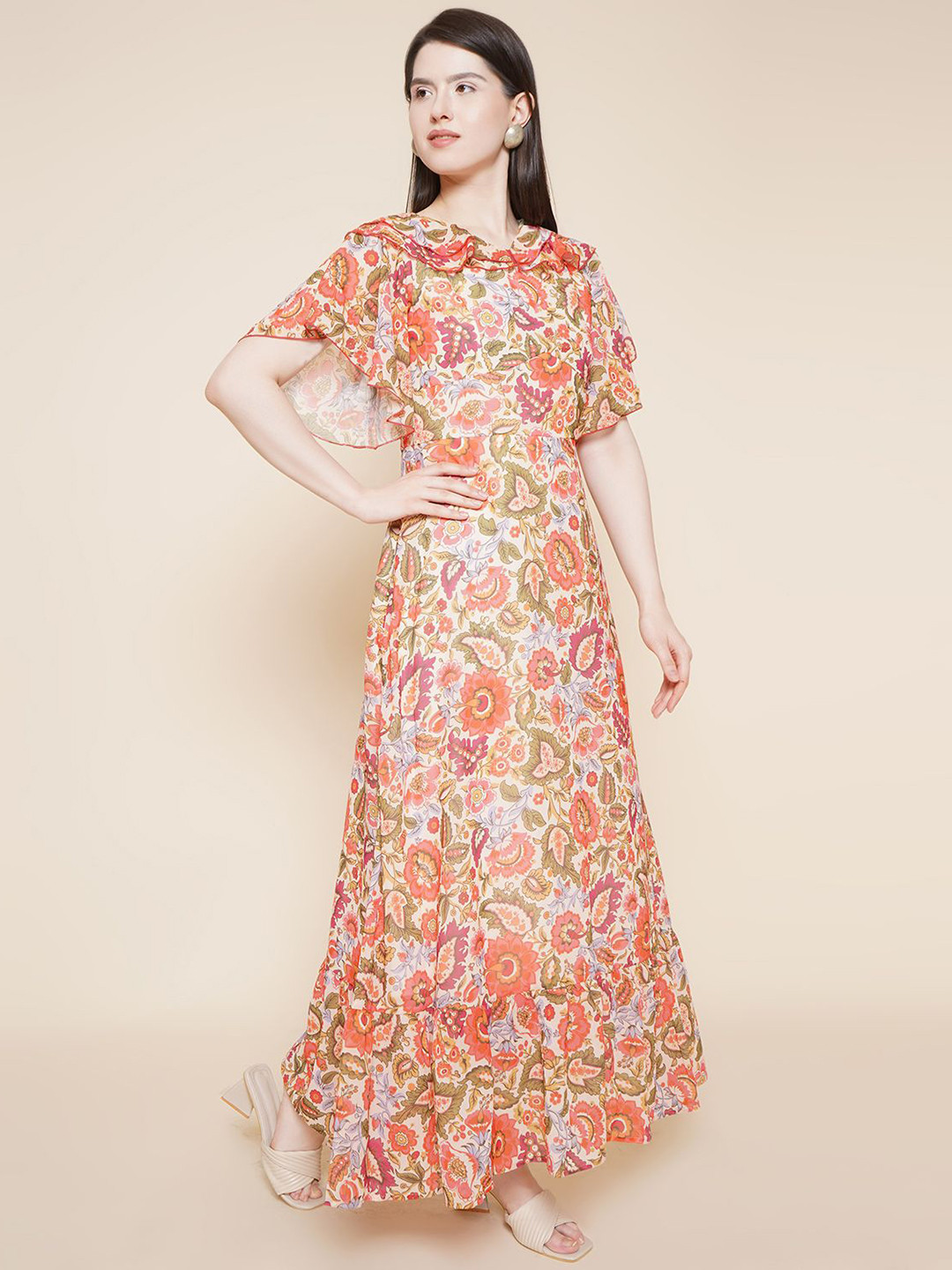 

JAKANARY Floral Print Georgette Maxi Dress, Red