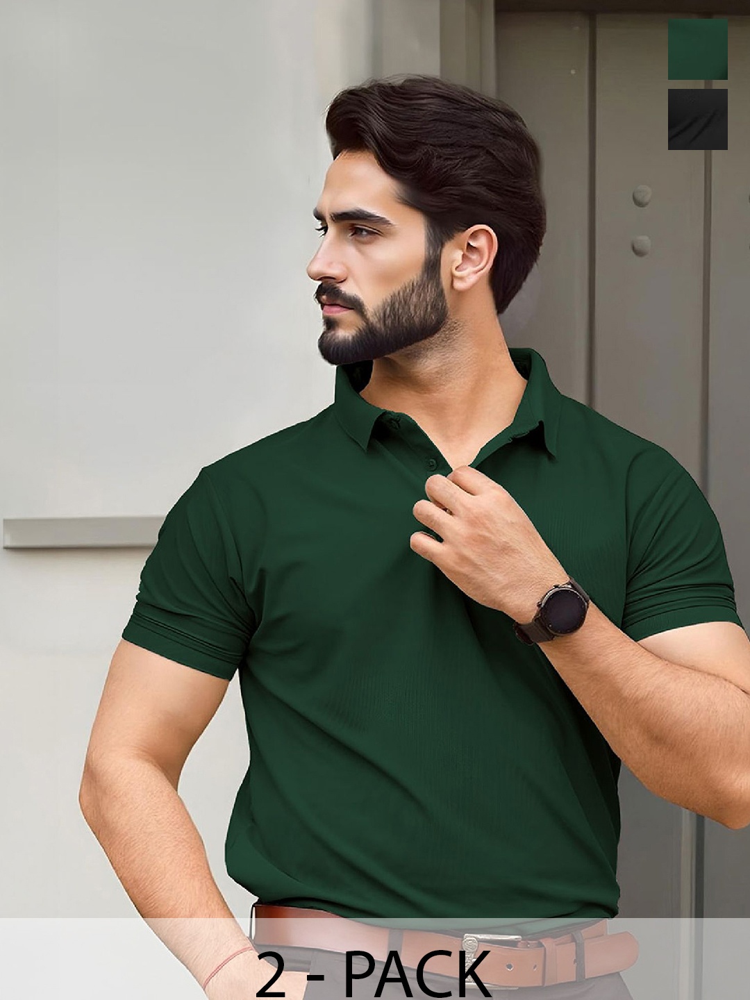 

FREECULTR Men Pack of 2 Classic Black & Green Polo T-Shirts