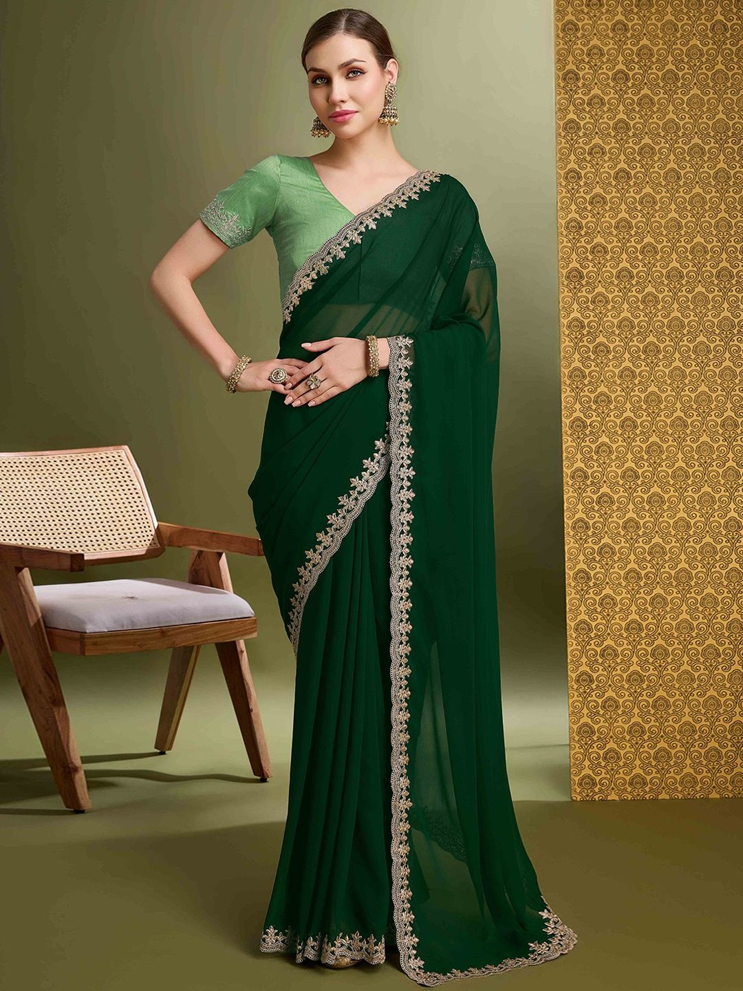 

Peachmode Beads and Stones Pure Georgette Saree, Green