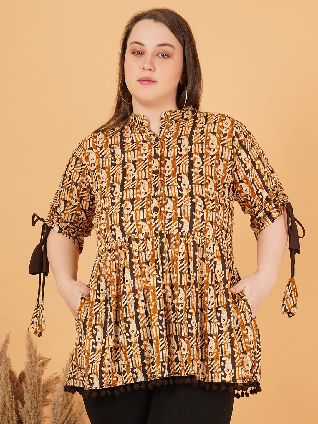 

Indietoga Print Mandarin Collar Flared Sleeve Ethnic Cotton Empire Longline Top, Brown