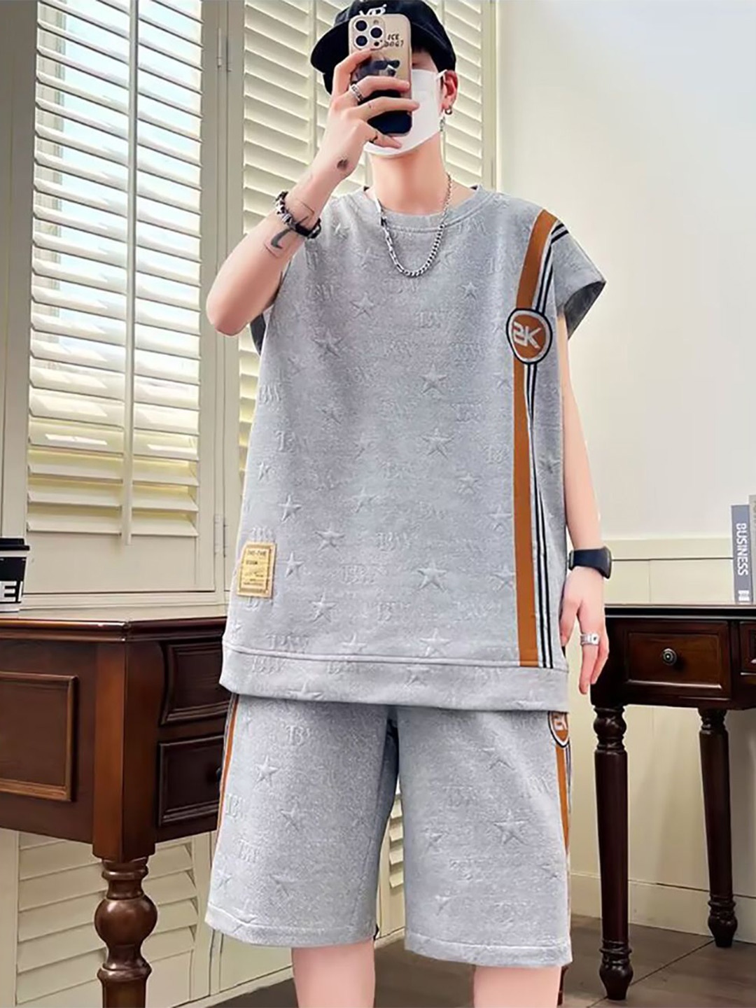 

StyleCast x Revolte Striped T-Shirt And Shorts Set, Grey