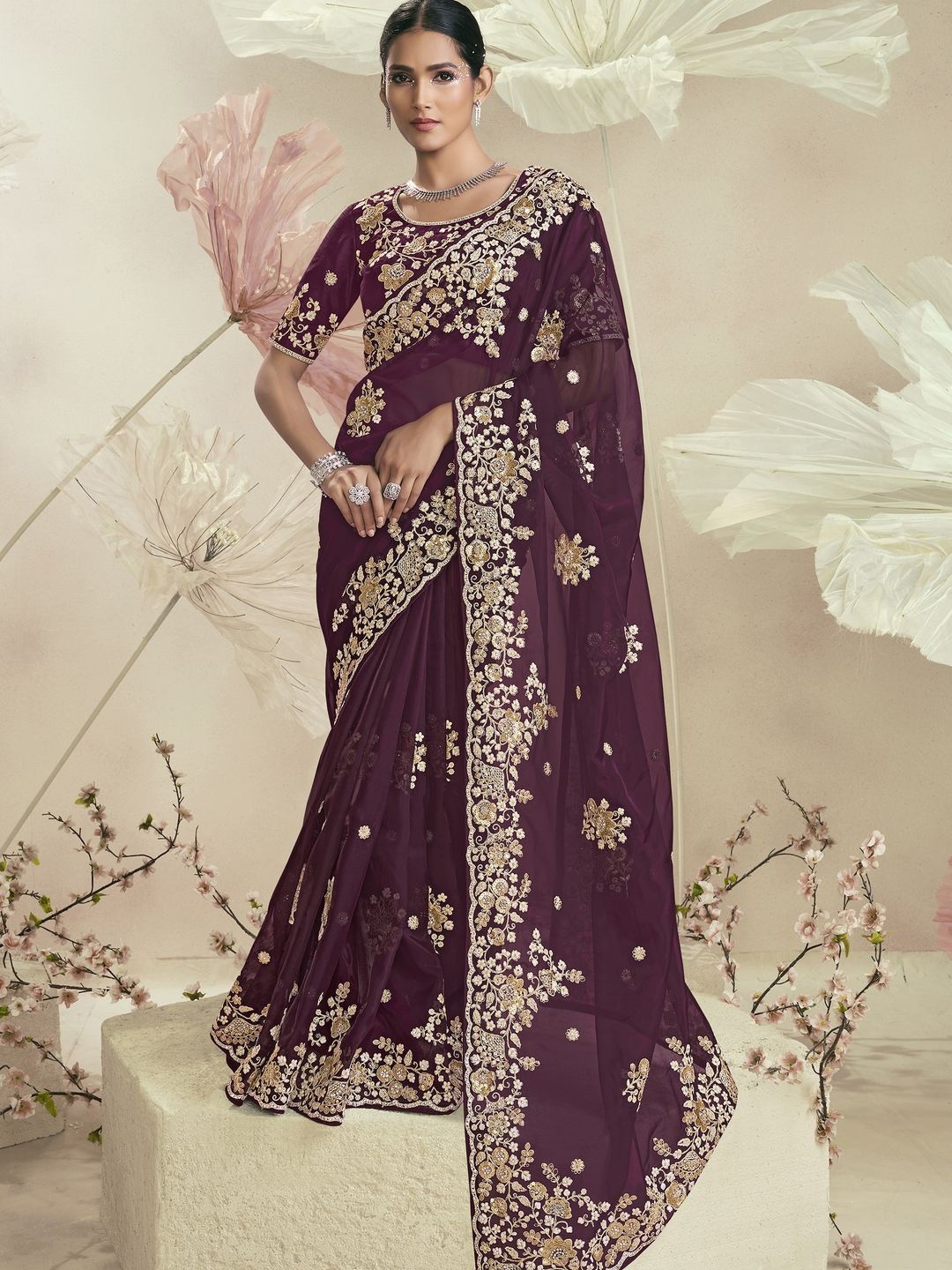 

Suha Floral Organza Saree, Purple