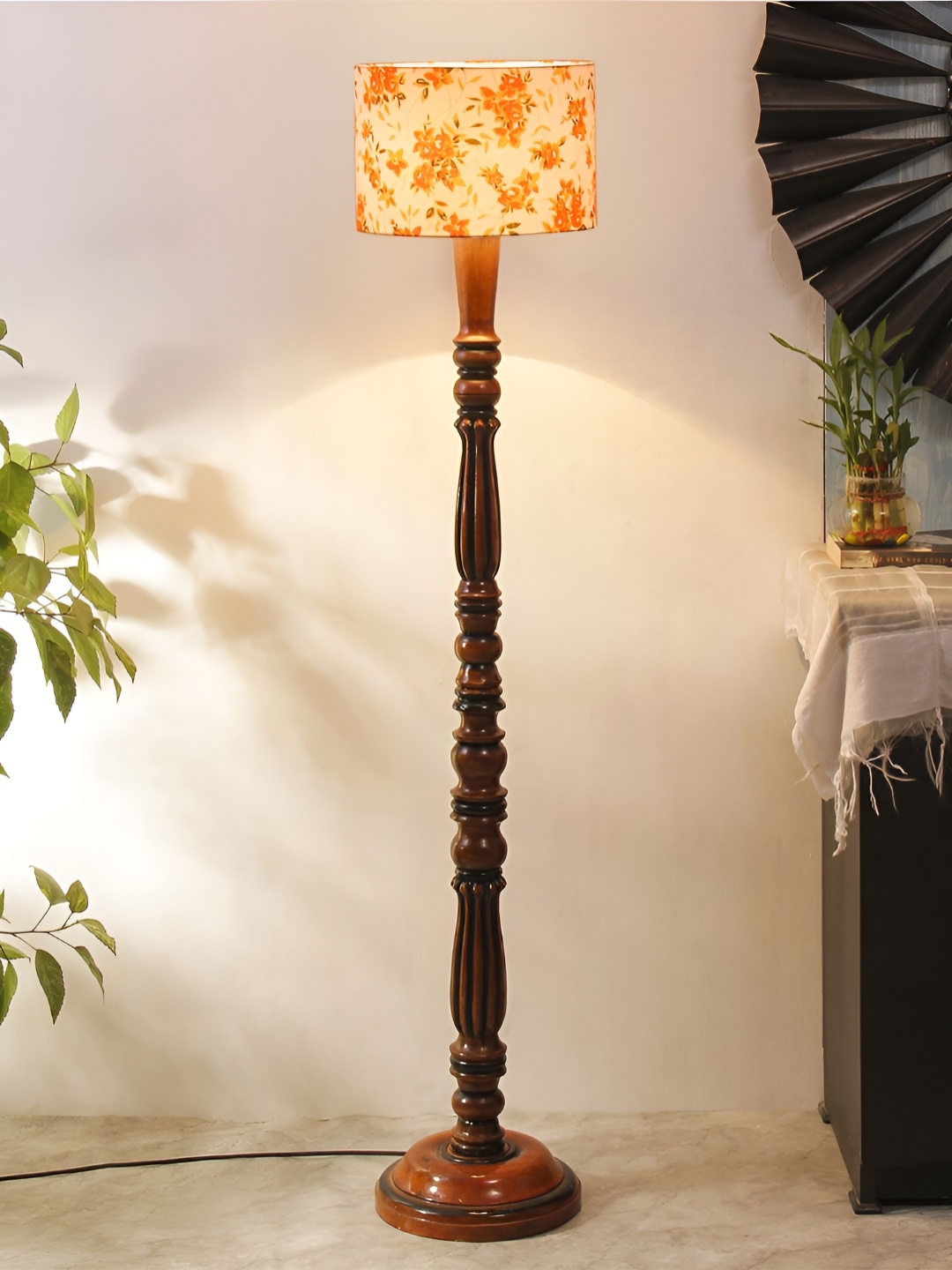 

Devansh White & Orange Floral Printed Cotton Wooden Floor Lamp