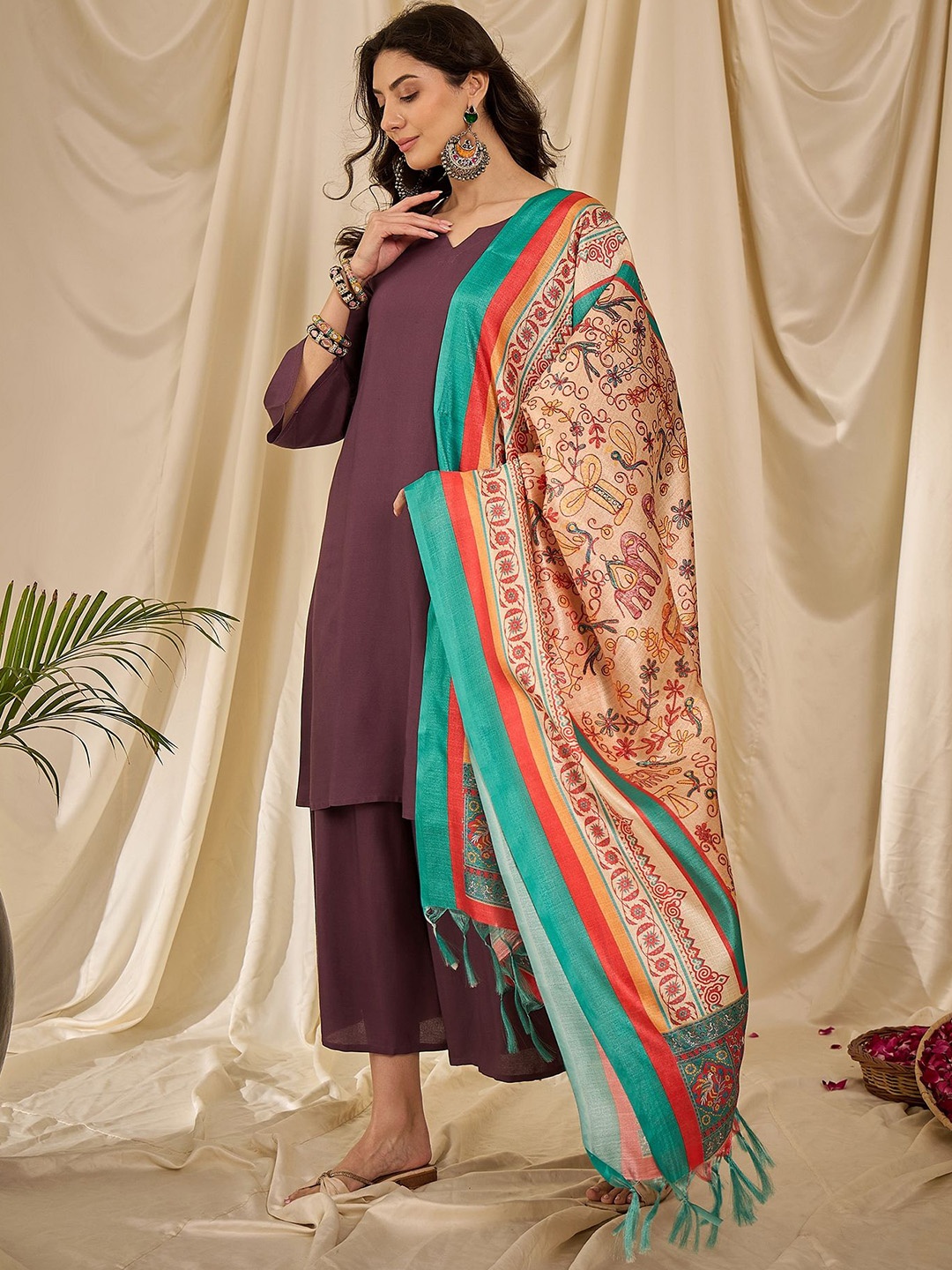 

InWeave Women Regular Kurta with Palazzos & With Dupatta, Mauve