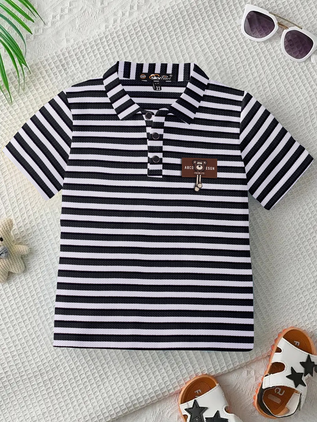 

SKY PEARL Boys Striped Polo Collar Pockets T-shirt, Black