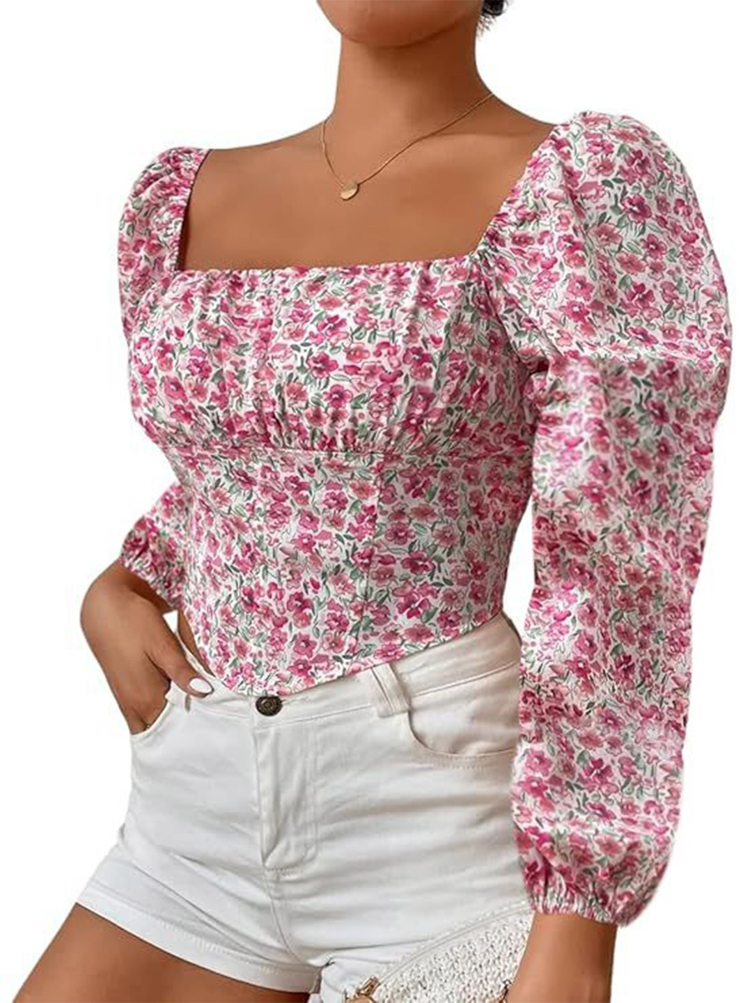 

Projas Floral Puff Sleeve Crop Top, Pink