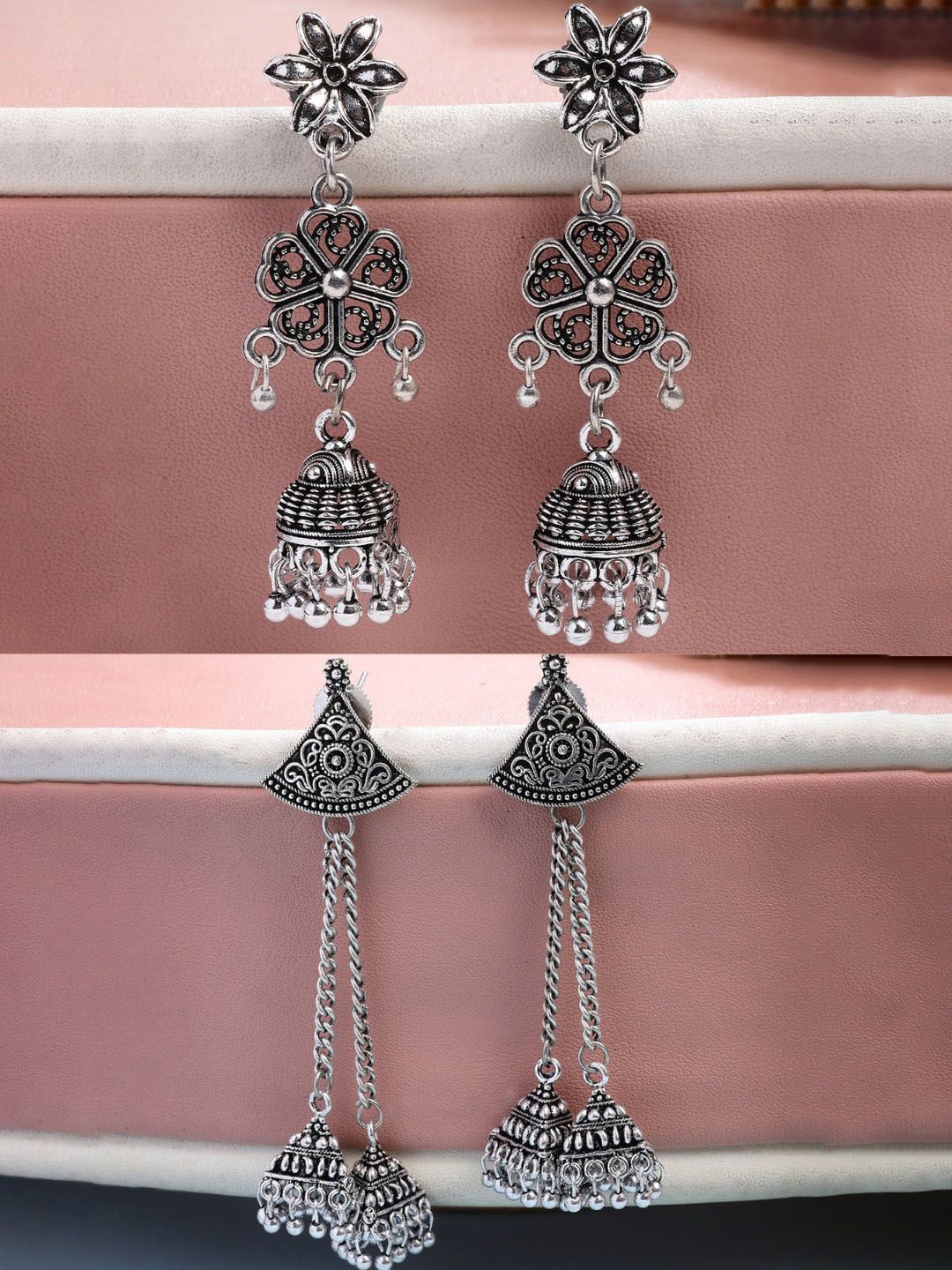 

Anouk Women Set of 2 Silver-Toned Oxidised Jhumka Earrings