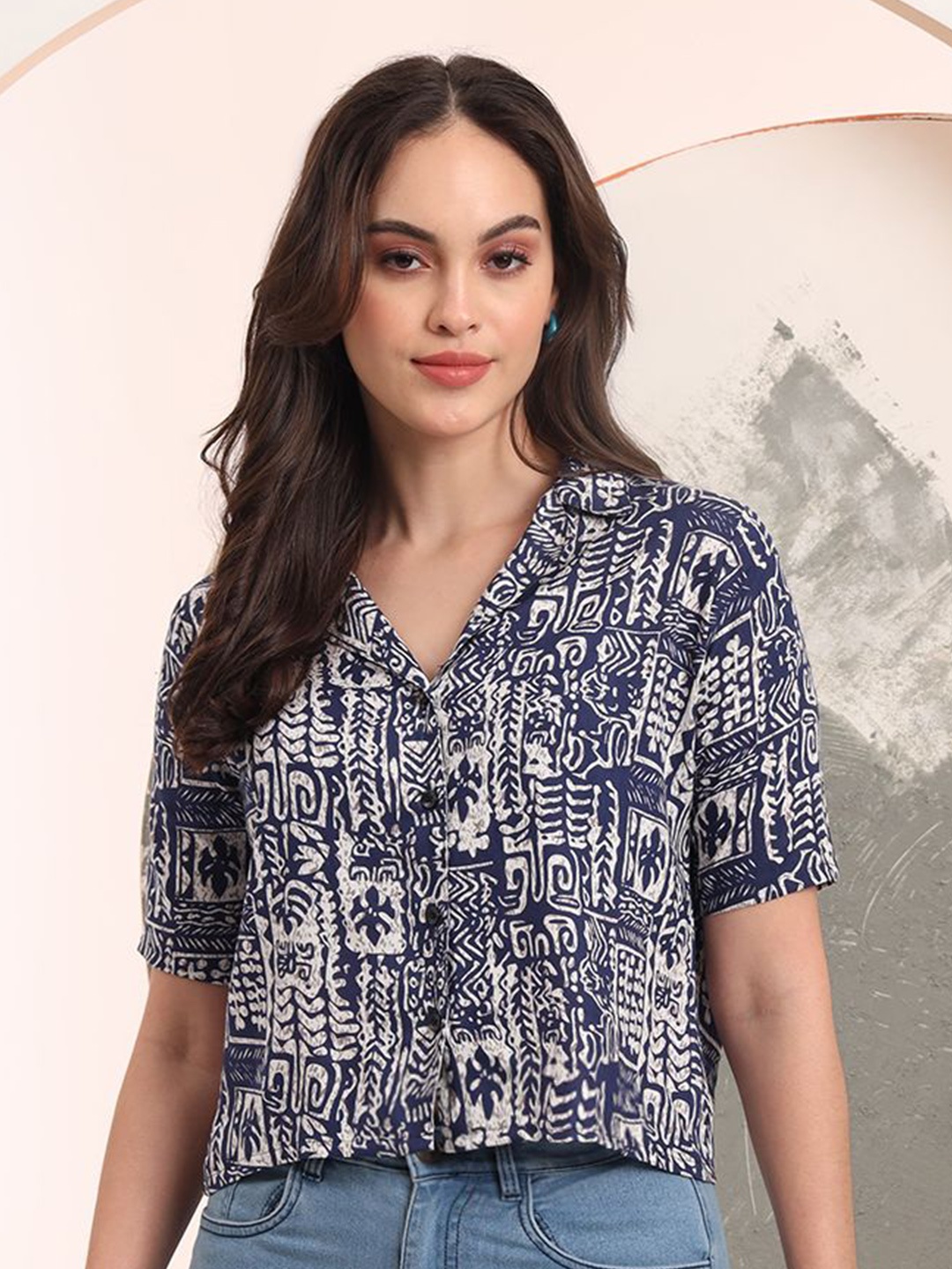 

Taswak Print Ethnic Shirt Style Top, Blue