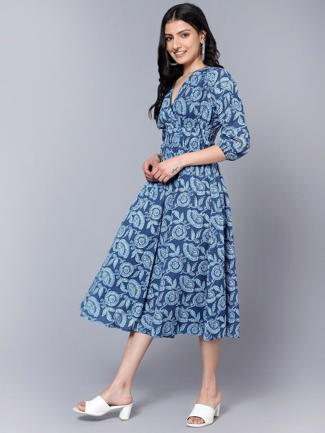 

Jash Creation Floral Printed V-Neck Puff Sleeves Crepe Wrap Midi Dress, Blue