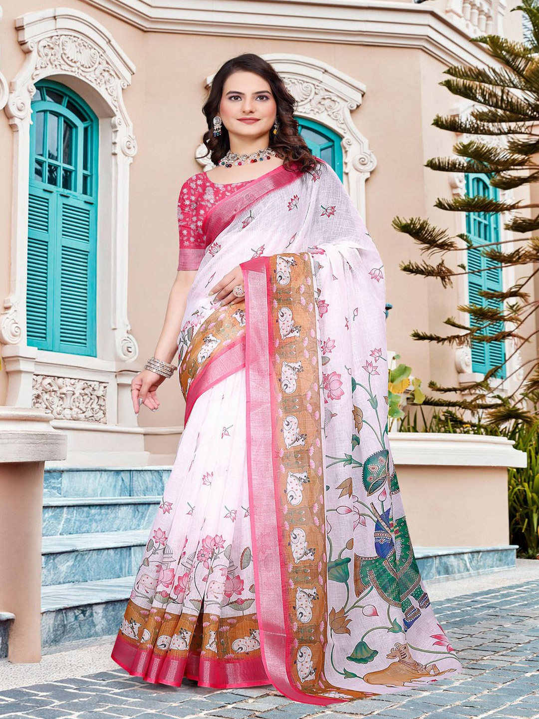 

TRENDING KART Kalamkari Printed Zari Chanderi Saree, White