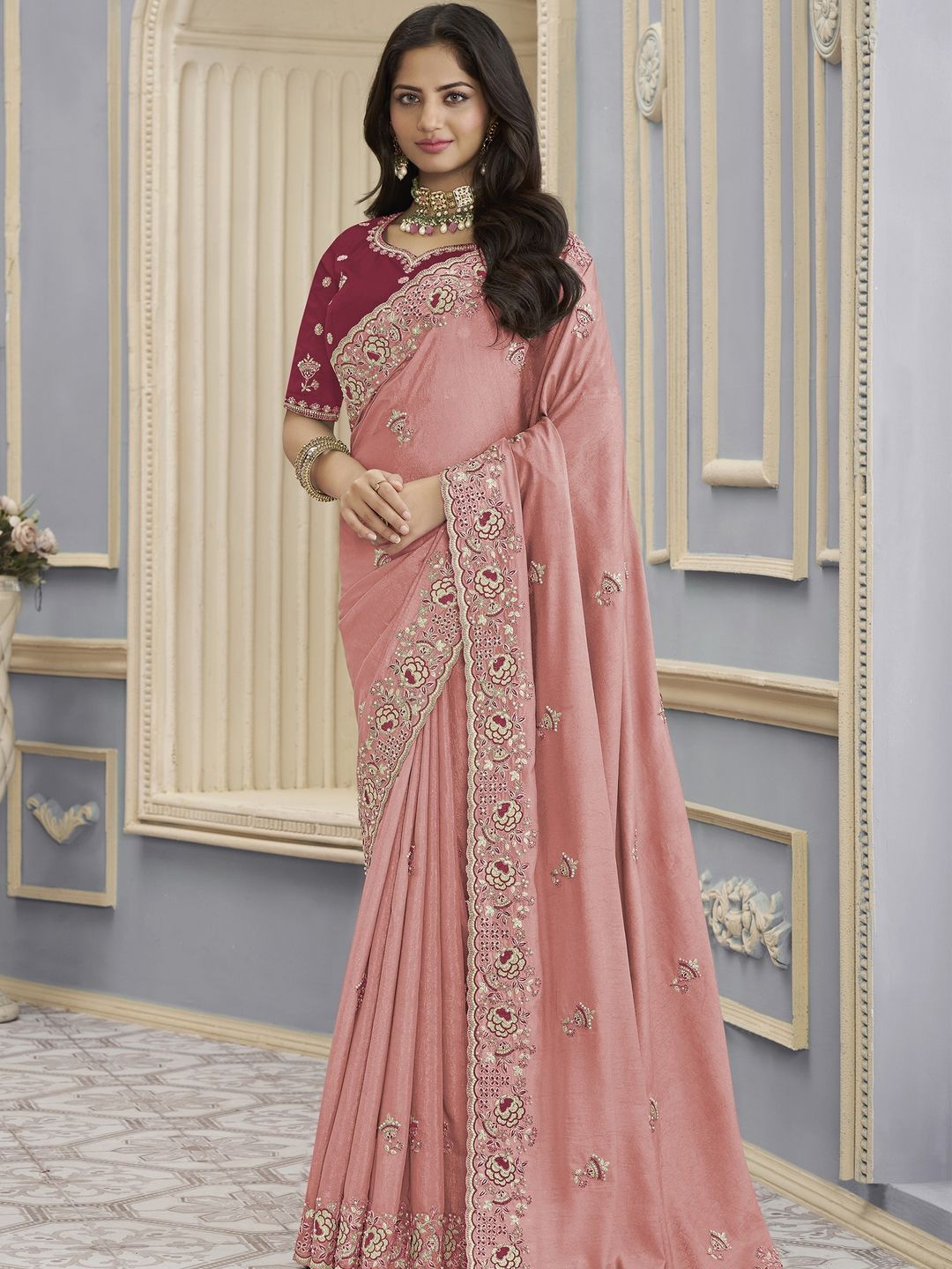 

Suha Floral Poly Georgette Saree, Pink