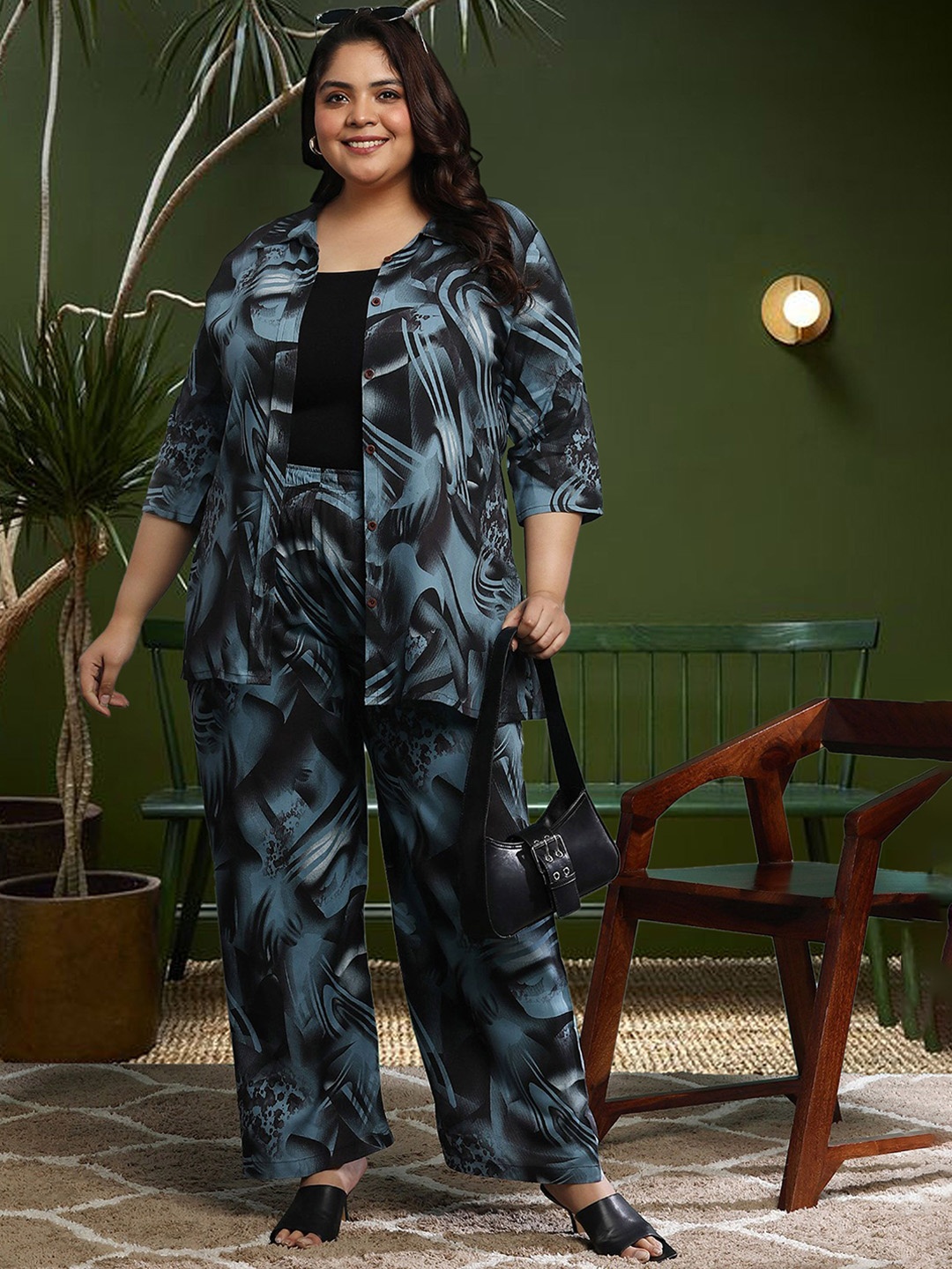 

ISHQY Plus Size Floral Printed Pure Cotton Shirt With Palazzos Co-Ords, Blue