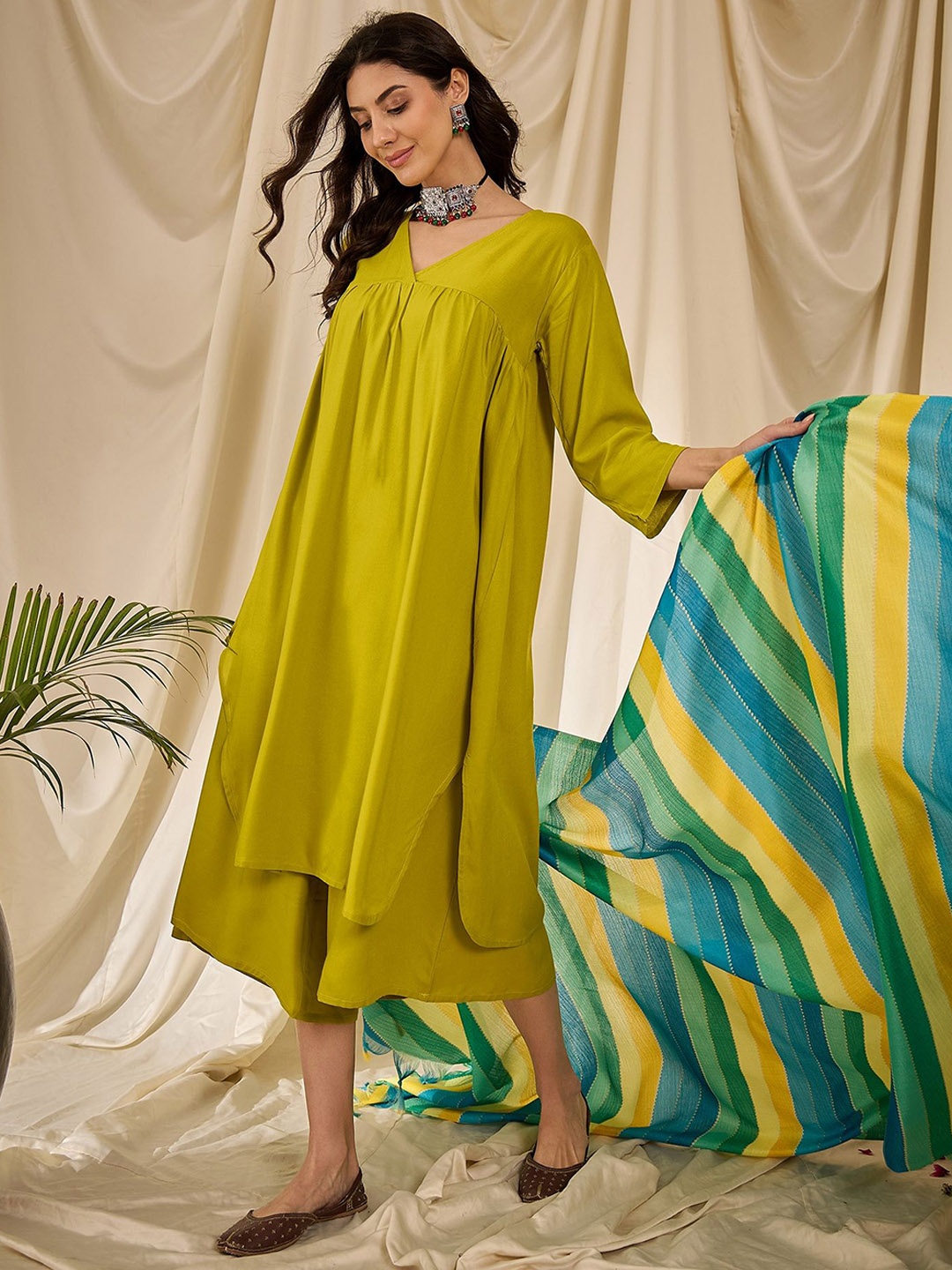 

InWeave Women Empire Kurta with Palazzos & With Dupatta, Lime green