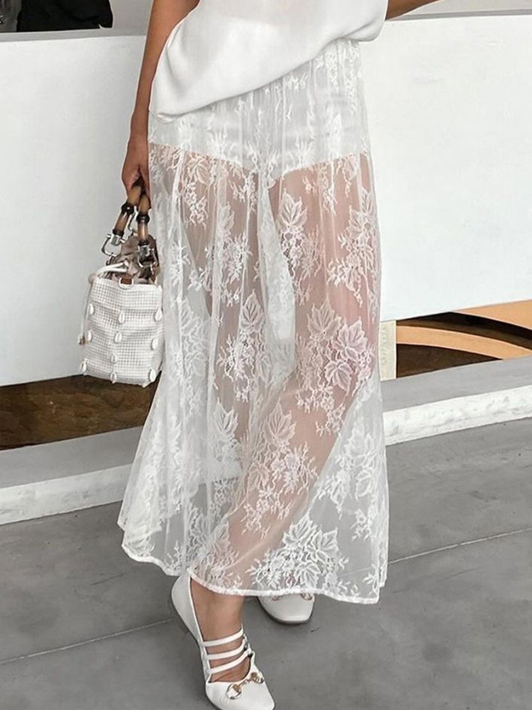 

LULU & SKY Sheer Lace Maxi Skirt, White