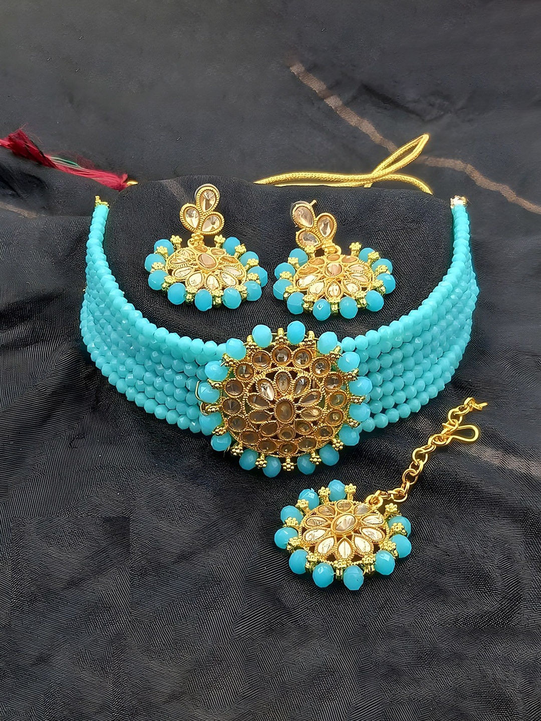 

JMBW INTERNATIONAL Set Of 2 Gold Plated Stone Studded & Beaded Jewellery Sets