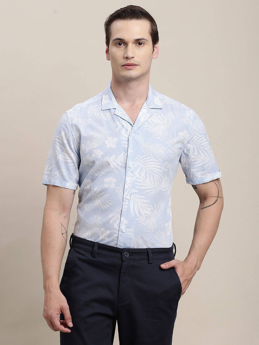 

Turtle Men Relaxed Fit Cuban Collar Floral Printed Cotton Formal Shirt, Blue