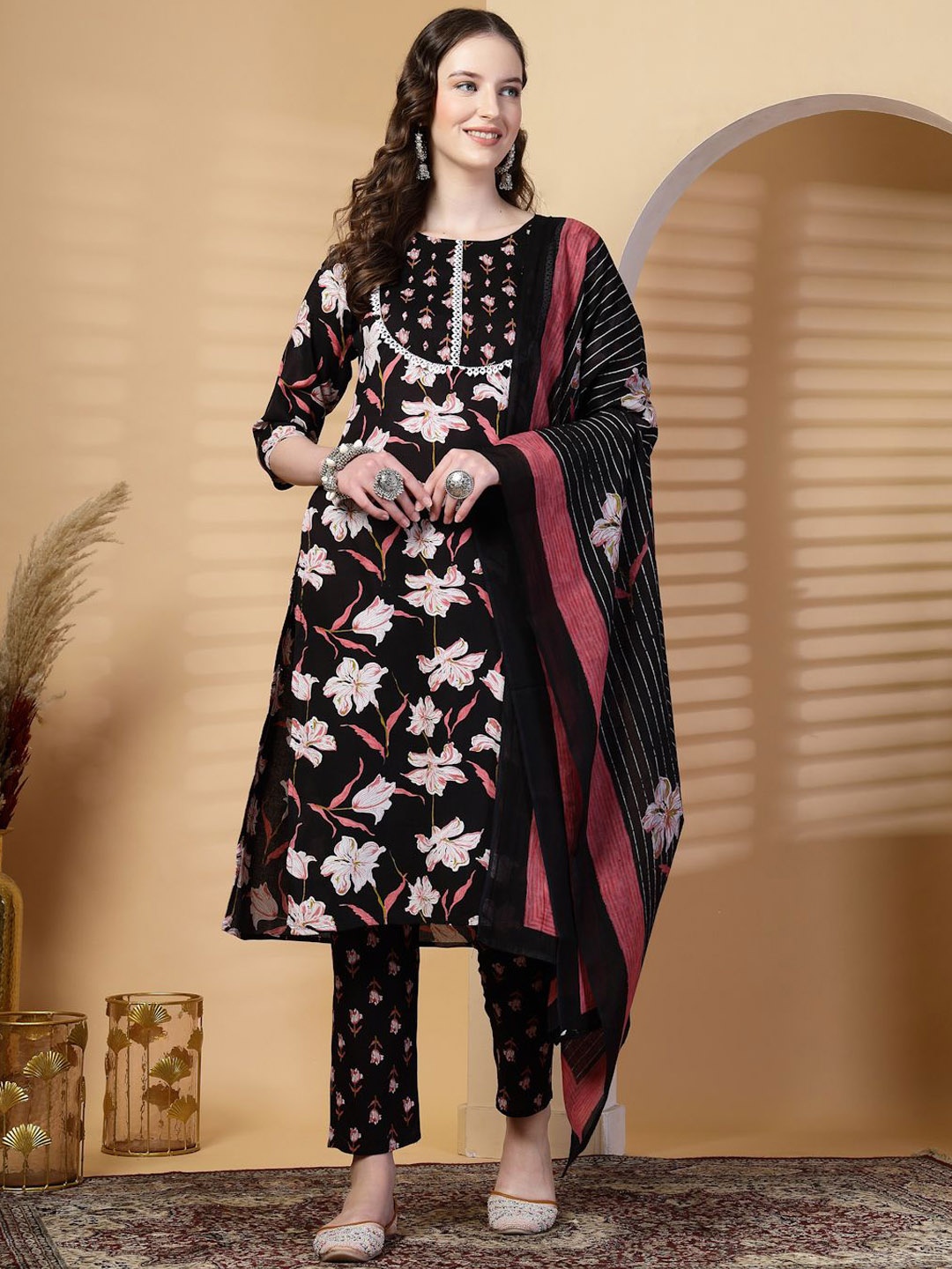 

Clora Creation Floral Printed Regular Kurta with Palazzos & With Dupatta, Black