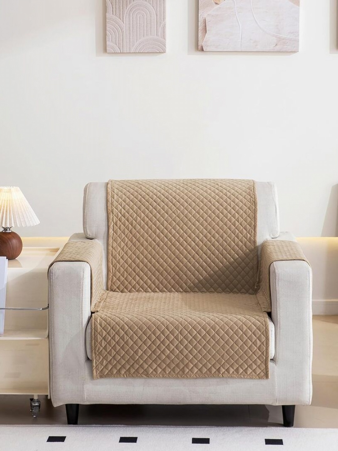 

Fashion Throw Beige Checked Velvet 1 Piece Sofa Cover With Arms