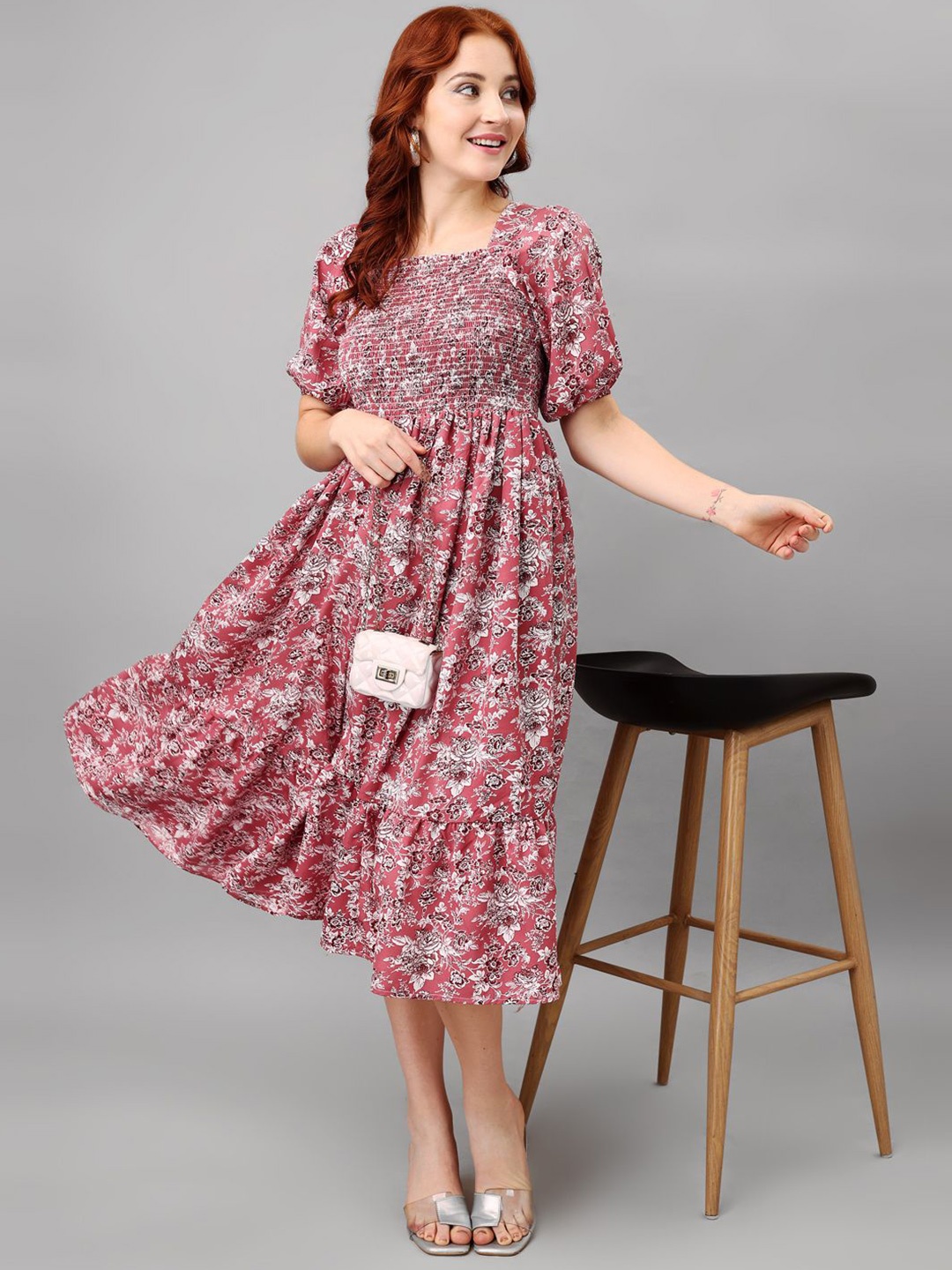 

Raiyani Fashion Floral Print Puff Sleeve Applique Fit & Flare Midi Dress, Pink