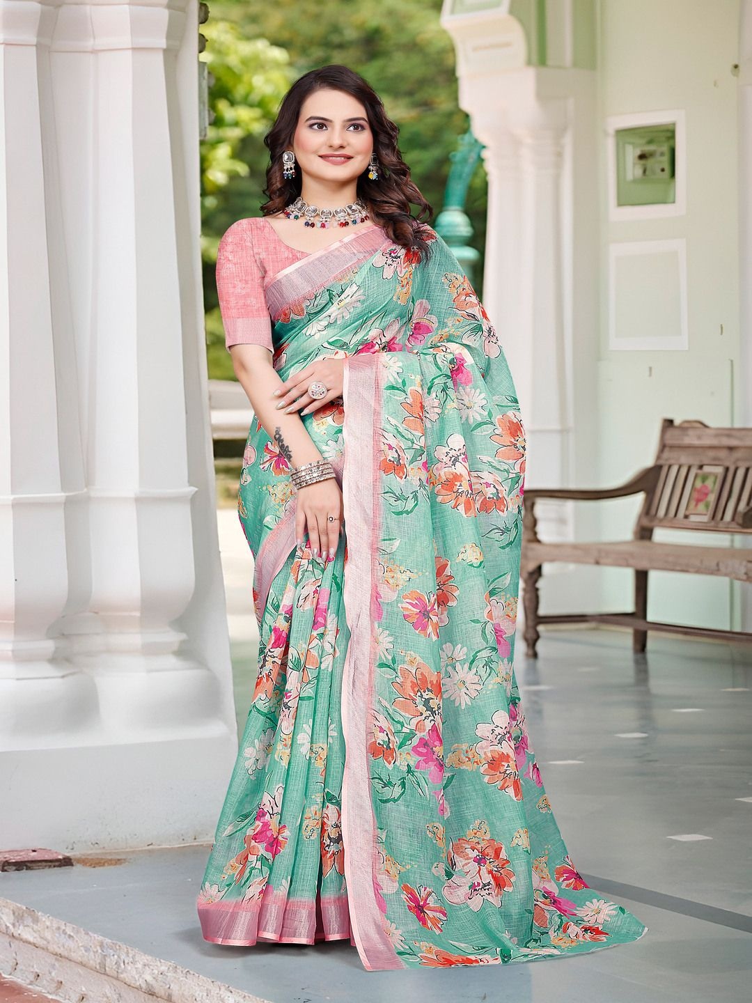 

TRENDING KART Floral Printed Zari Chanderi Saree, Green