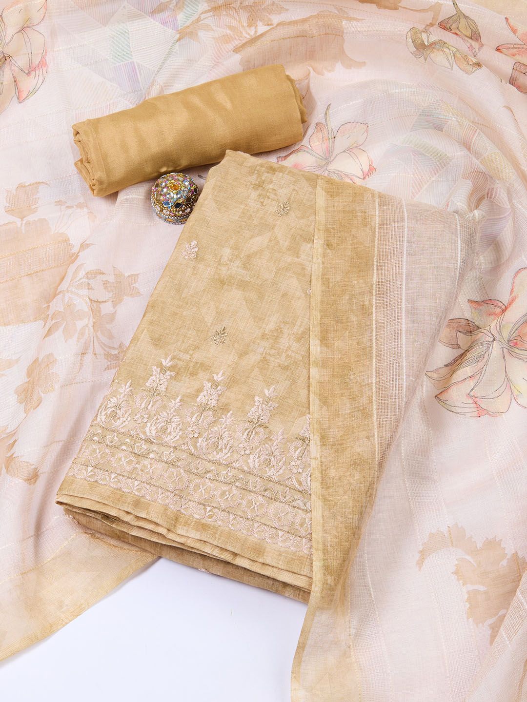 

Meena Bazaar Printed Linen Unstitched Dress Material, Mustard