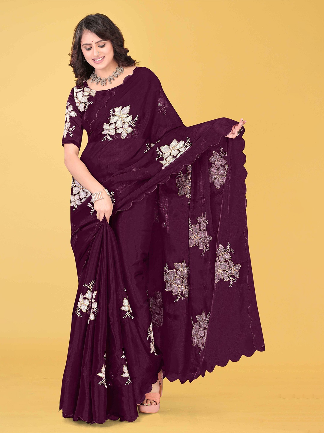 

Avirat Designer Studio Embroidered Kanjivaram Pure Chiffon Saree, Maroon