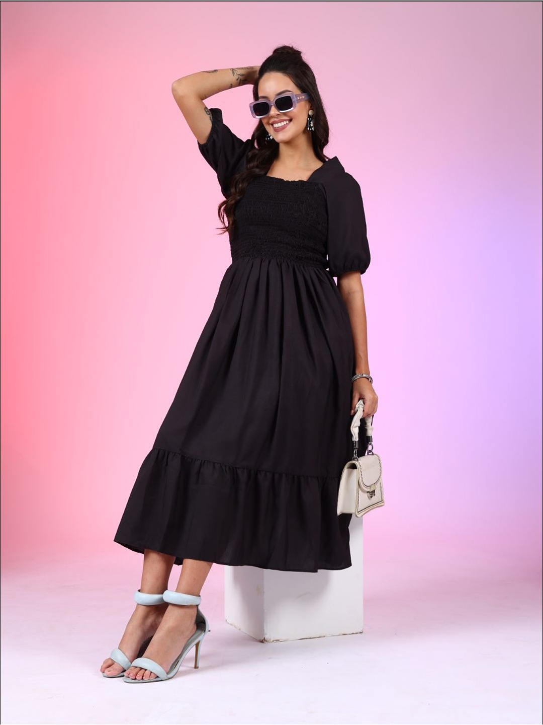 

Jash Creation Crepe Fit & Flare Dress, Black