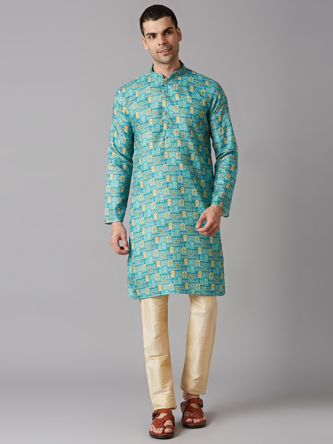 

John Philips Men Thread Work Kurta, Sea green