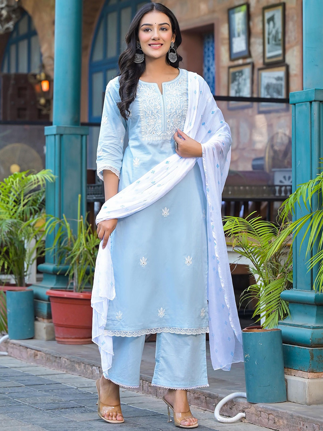 

Juniper Regular Thread Work Pure Cotton Kurta with Trousers & With Dupatta, Blue