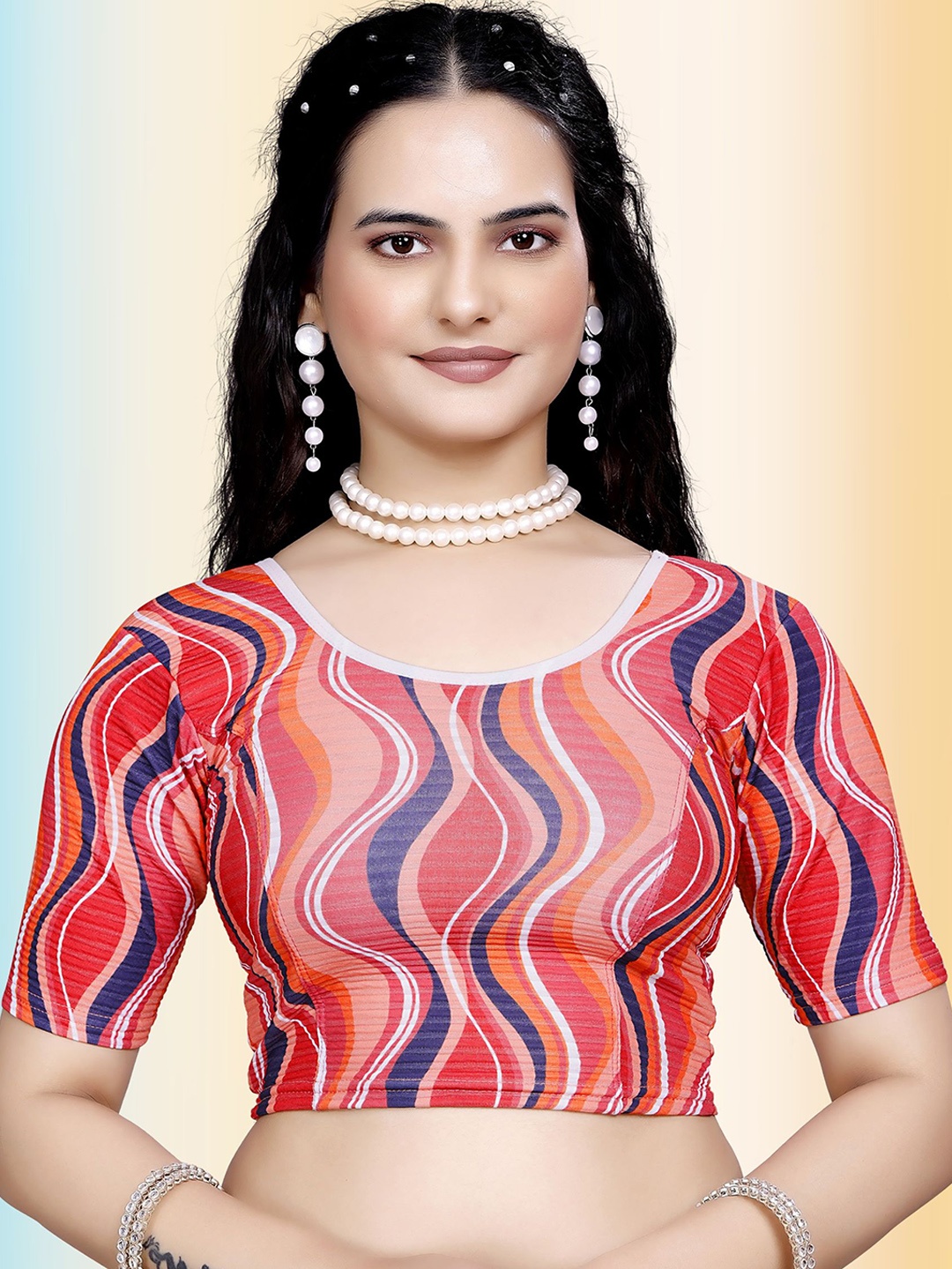 

TANISHM FEB TEX Printed Round Neck Saree Blouse, Red